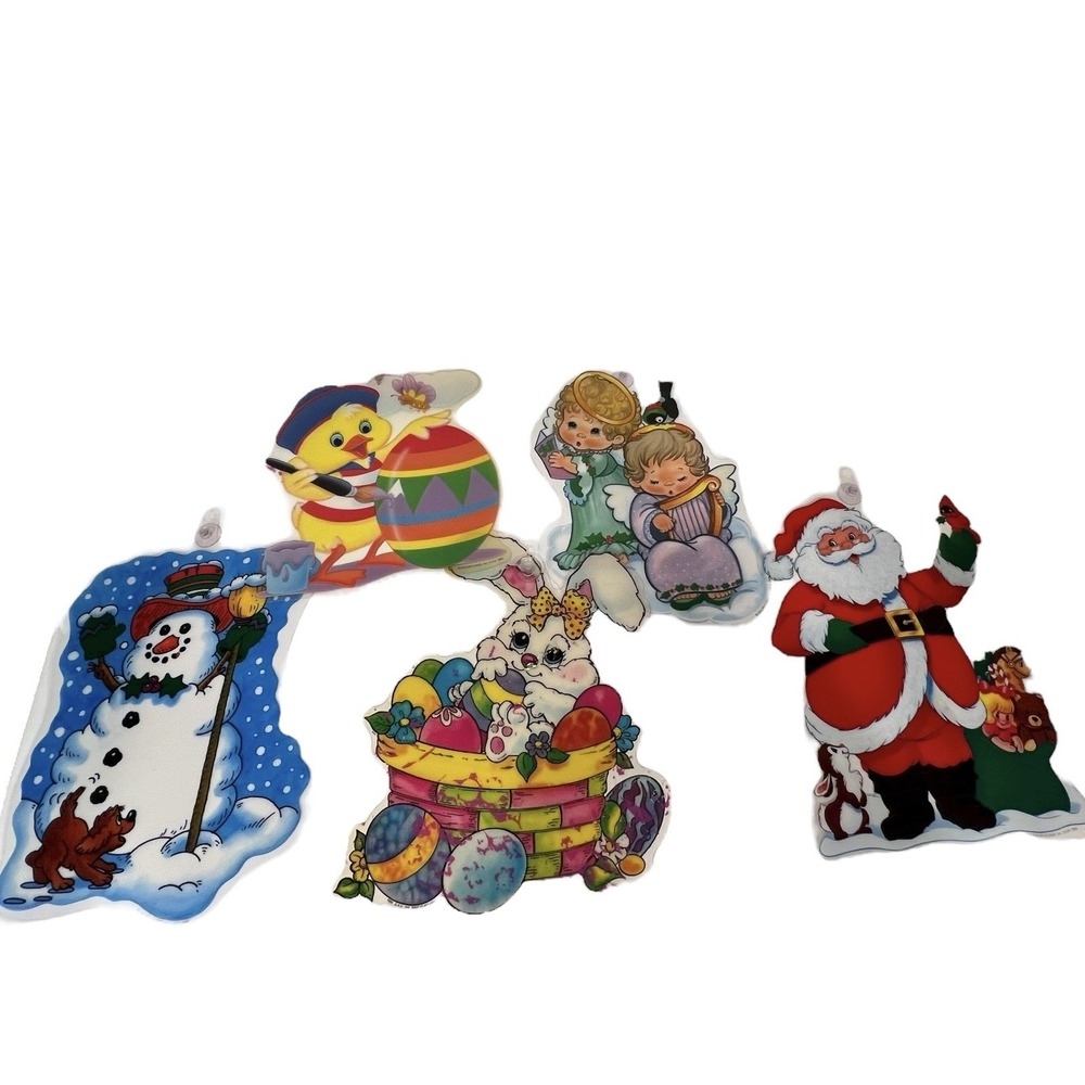 VTG Christmas Easter Plastic Window Decorations W/ Suction Cups Hanging Set Of 5